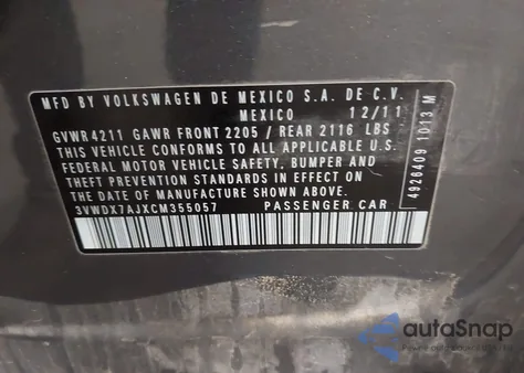 2012 Volkswagen Jetta 2.5L Se from USA, damaged, VIN 3VWDX7AJXCM355057